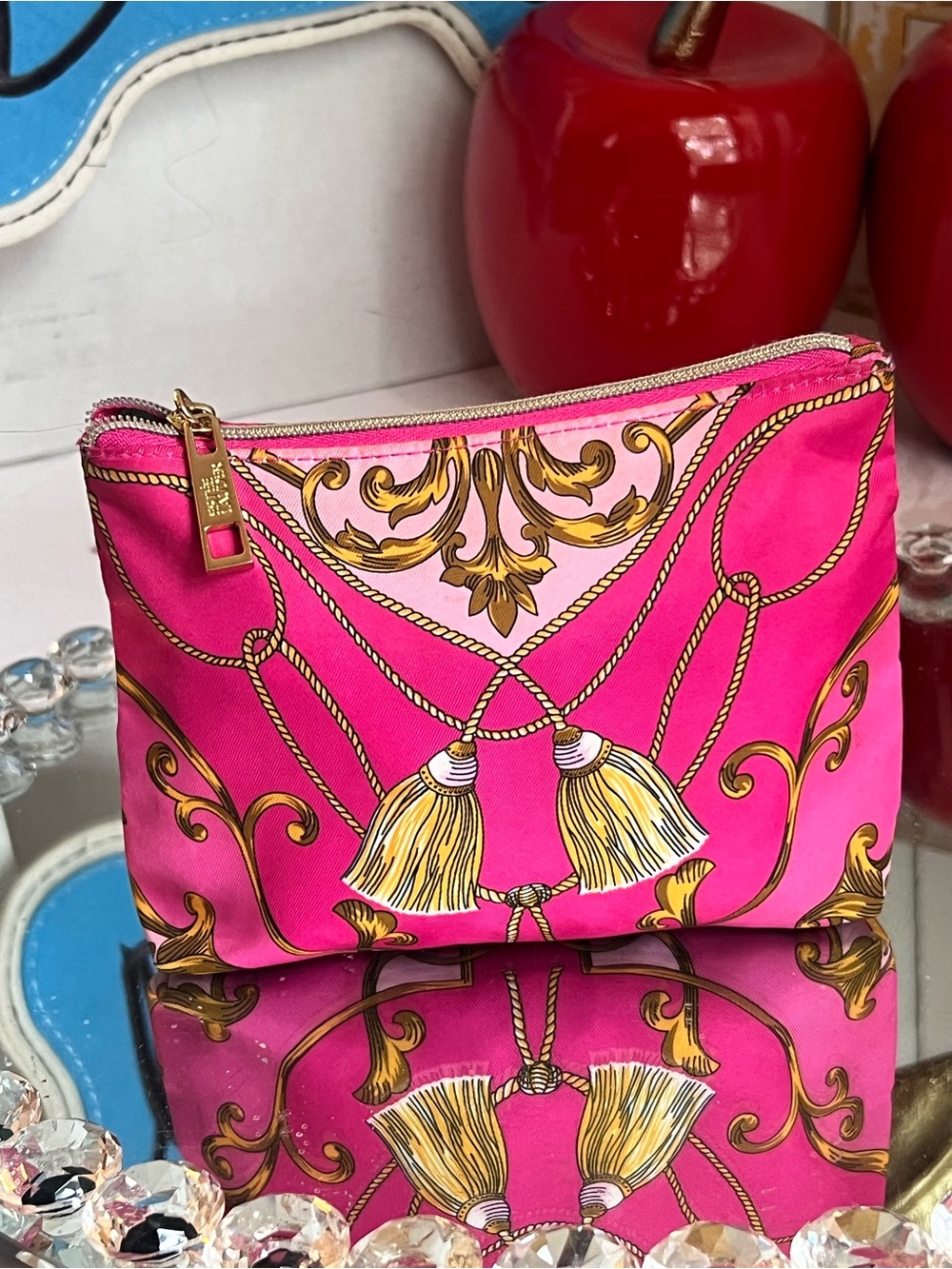Estee Lauder Hot Pink Cosmetic Pouch with Gold Tassel Print